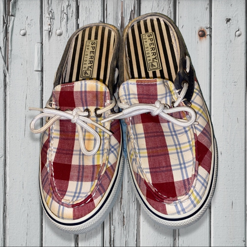PLAID SPERRY MULES